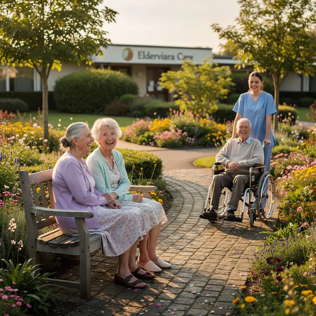 Opiekunowie rozmawiają z rodzinami seniorów w przyjaznej atmosferze.
