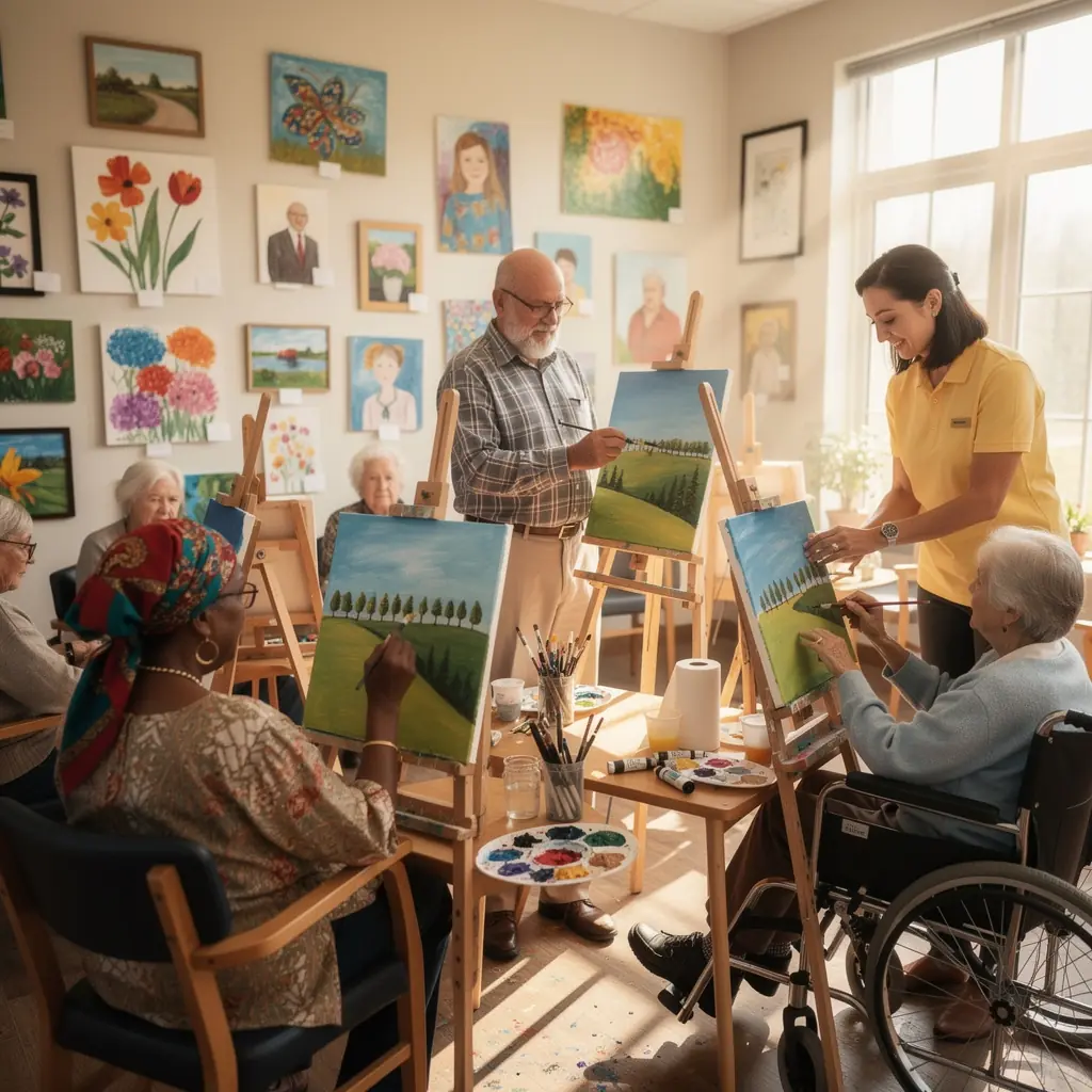 Seniorzy biorą udział w wspólnym posiłku w jadalni centrum.